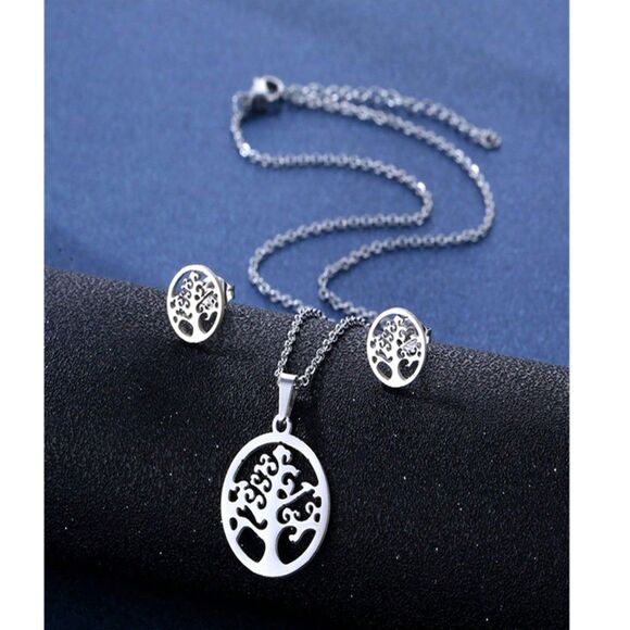 3 Pc Tree of Life Oval Pendant Necklace Stud Earrings Set Stainless Fshion Jwlry - Picture 1 of 5